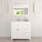  Caroline Parkway 36'' Single Bathroom Vanity Set with Right Side Drawers in White, Calacatta Quartz Top with Round Sink, Brushed Nickel Faucet, Mirror Included