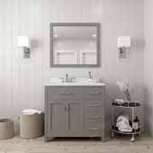  Caroline Parkway 36'' Single Bathroom Vanity Set with Right Side Drawers in Cashmere Grey, Dazzle White Quartz Top with Round Sink, Polished Chrome Faucet, Mirror Included
