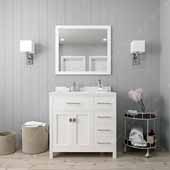  Caroline Parkway 36'' Single Bathroom Vanity Set with Right Side Drawers in White, Dazzle White Quartz Top with Square Sink, Brushed Nickel Faucet, Mirror Included