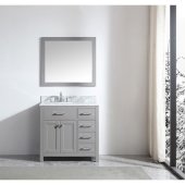  Caroline Parkway 36'' Single Bathroom Vanity Set with Right Side Drawers in Cashmere Grey, Italian Carrara White Marble Top with Round Sink, Mirror Included