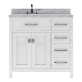  Caroline Parkway 36'' Single Bathroom Vanity Set with Right Side Drawers in White, Italian Carrara White Marble Top with Round Sink