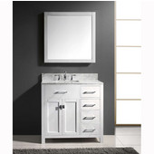  Caroline Parkway 36'' Single Bathroom Vanity Set with Right Side Drawers in White, Italian Carrara White Marble Top with Square Sink, Brushed Nickel Faucet, Mirror Included