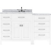  Caroline Parkway 57'' Single Bathroom Vanity Set with Left Side Drawers & Side Cabinet in White, Italian Carrara White Marble Top with Round Sink