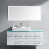  Ceanna Collection 53-1/2'' W Wall Mounted Single Bath Vanity Set with White Cabinet Base, Aqua Green Tempered Glass Top, Square Sink, Polished Chrome Faucet, and Matching Mirror, 53-1/2'' W x 22'' D x 20-7/8'' H