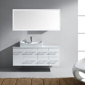  Ceanna Collection 53-1/2'' W Wall Mounted Single Bath Vanity Set with White Cabinet Base, White Engineered Stone Top, Square Sink, Polished Chrome Faucet, and Matching Mirror, 53-1/2'' W x 22'' D x 20-7/8'' H