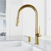 VIGO Greenwich Collection Single-Handle Kitchen Faucet with Braddock Soap Dispenser in Matte Brushed Gold, Faucet Height: 18'' H, Spout Reach: 9-1/4'' D