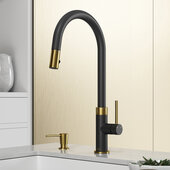 VIGO Bristol Collection Pull-Down Kitchen Faucet with Soap Dispenser in Matte Brushed Gold and Matte Black, Faucet Height: 18-5/8'' H, Spout Reach: 9-1/4'' D
