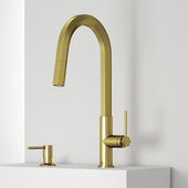 VIGO Hart Hexad Collection Pull-Down Kitchen Faucet with Soap Dispenser in Matte Brushed Gold, Faucet Height: 17-7/8'' H, Spout Reach: 8-1/2'' D