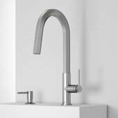 VIGO Hart Hexad Collection Pull-Down Kitchen Faucet with Soap Dispenser in Stainless Steel, Faucet Height: 17-7/8'' H, Spout Reach: 8-1/2'' D