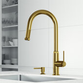 VIGO Hart Arched Collection Pull-Down Kitchen Faucet with Soap Dispenser in Matte Brushed Gold, Faucet Height: 17-7/8'' H, Spout Reach: 8-1/2'' D