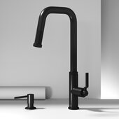 VIGO Hart Angular Collection Pull-Down Kitchen Faucet with Soap Dispenser in Matte Black, Faucet Height: 18'' H, Spout Reach: 8'' D