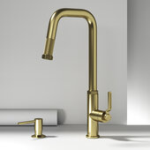 VIGO Hart Angular Collection Pull-Down Kitchen Faucet with Soap Dispenser in Matte Brushed Gold, Faucet Height: 18'' H, Spout Reach: 8'' D
