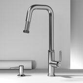 VIGO Hart Angular Collection Pull-Down Kitchen Faucet with Soap Dispenser in Stainless Steel, Faucet Height: 18'' H, Spout Reach: 8'' D
