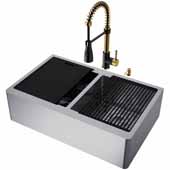  All-In-One 33'' Oxford Double Bowl Apron Front Stainless Steel Farmhouse Kitchen Sink Set with Brant Faucet in Matte Brushed Gold/Matte Black, Cutting Board, Drying Rack, Strainers, Drain Cover and Bottom Grids