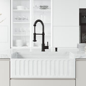 VIGO MatteStone™ Collection 33'' W x 18'' D Farmhouse Slotted Apron Front Kitchen Sink with Edison Faucet in Matte Black, 33'' W x 18'' D x 9-5/8'' H