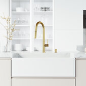 VIGO MatteStone™ Collection 33'' W x 18'' D Single Bowl Farmhouse Kitchen Sink with Greenwich Pull-Down Kitchen Faucet and Soap Dispenser in Matte Brushed Gold, 33'' W x 18'' D x 9-5/8'' H