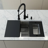 VIGO Hampton Collection 32'' 10-Piece Stainless Steel Single Bowl Undermount Workstation Kitchen Sink with Matte Black Faucet and Accessories, 32'' W x 17'' D x 9-7/8'' H