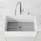  Matte Stone™ 33'' W White Reversible Single-Basin Standard Undermount Casement Apron Front Kitchen Sink Set With Silicone Grid in Gray, 33'' W x 18'' D x 9-5/8'' H