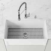  Matte Stone™ 36'' W White Reversible Single-Basin Standard Undermount Casement Apron Front Kitchen Sink Set With Silicone Grid in Gray, 36'' W x 18'' D x 9-5/8'' H