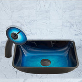  18-1/4'' W Rectangular Turquoise Water Glass Vessel Sink and Waterfall Faucet Set in Matte Black Finish, 18-1/4'' W x 13'' D x 4'' H