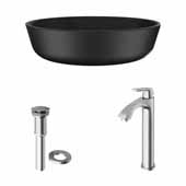 VIGO 16-1/2'' Wide Black Modus MatteShell™ Vessel Bathroom Sink and Linus Vessel Faucet Set in Brushed Nickel with Pop-Up Drain