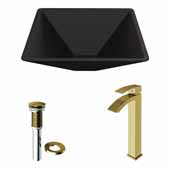 VIGO 15-3/8'' Wide Black Serato MatteShell™ Vessel Bathroom Sink and Duris Vessel Faucet in Matte Brushed Gold with Pop-Up Drain
