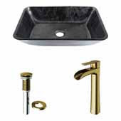 VIGO 17-7/8'' Wide Rectangular Gray Onyx Glass Vessel Bathroom Sink and Niko Vessel Faucet in Matte Brushed Gold with Pop-Up Drain