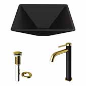 VIGO 15-3/8'' Wide Black Serato MatteShell™ Vessel Bathroom Sink and Lexington cFiber© Faucet in Matte Brushed Gold and Matte Black with Pop-Up Drain