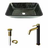 VIGO 17-7/8'' Wide Rectangular Gray Onyx Glass Vessel Bathroom Sink and Lexington cFiber© Faucet in Matte Brushed Gold and Matte Black with Pop-Up Drain