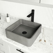 VIGO ConcretoStone™ Collection 15'' Square Vessel Bathroom Sink with Gotham Bathroom Faucet and Pop-Up Drain in Matte Black, 15-3/8'' W x 15-3/8'' D x 11-9/16'' H