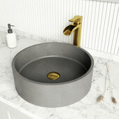VIGO ConcretoStone™ Collection 15-3/8'' Round Vessel Bathroom Sink with Niko Bathroom Faucet and Pop-Up Drain in Matte Brushed Gold, 15-3/8'' Diameter x 4-3/4'' H