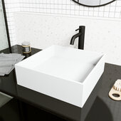 VIGO Montauk Collection Square MatteStone™ Vessel Bathroom Sink with Lexington Bathroom Faucet and Pop-Up Drain in Matte Black, 15-1/8'' W x 15-1/8'' D x 4-3/4'' H