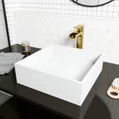 VIGO Bryant Collection Square MatteStone™ Vessel Bathroom Sink with Amada Bathroom Faucet and Pop-Up Drain in Matte Brushed Gold, 15-1/8'' W x 15-1/8'' D x 4-3/4'' H