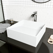 VIGO Starr Collection Square MatteStone™ Vessel Bathroom Sink with Niko Vessel Bathroom Faucet and Pop-Up Drain in Chrome, 15-1/8'' W x 15-1/8'' D x 4-3/4'' H