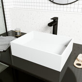 VIGO Montauk Collection Rectangular MatteStone™ Vessel Bathroom Sink with Amada Bathroom Faucet and Pop-Up Drain in Matte Black, 17-1/8'' W x 13-1/8'' D x 4-3/4'' H