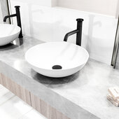  Lotus Matte Stone™ Round Vessel Bathroom Sink in White with Cass Bathroom Faucet and Pop-Up Drain in Matte Black, 16'' Diameter x 5'' H