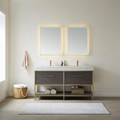  Palma 60'' W Freestanding Double Sink Bathroom Vanity Set in Suleiman Oak with Brushed Gold Frame, White Grain Stone Countertop, and Mirrors