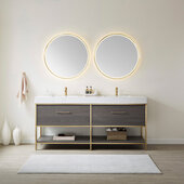  Palma 72'' W Freestanding Double Sink Bathroom Vanity Set in Suleiman Oak with Brushed Gold Frame, White Grain Stone Countertop, and Mirrors