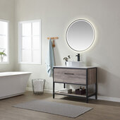  Murcia 36'' W Freestanding Single Sink Bathroom Vanity Set, Mexican Oak, Matte Black Frame, White Grain Stone Countertop, Vessel Sink, Mirror