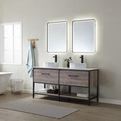  Murcia 60'' W Freestanding Double Sink Bathroom Vanity Set, Mexican Oak, Matte Black Frame, White Grain Stone Countertop, Vessel Sinks, Mirrors