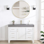  Leon 48'' W Freestanding Single Bathroom Vanity Set in Fir Wood White with Reticulated Grey Composite Sink Top, and Mirror
