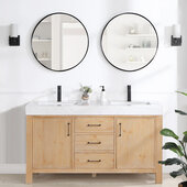  Leon 60'' W Freestanding Double Bathroom Vanity Set in Fir Wood Brown with Lightning White Composite Sink Top and Mirrors