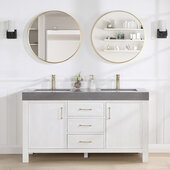  Leon 60'' W Freestanding Double Bathroom Vanity Set in Fir Wood White with Reticulated Grey Composite Sink Top and Mirrors