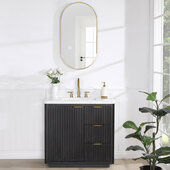  Cadiz 36'' W Freestanding Single Bathroom Vanity Set in Fir Wood Black with Lightning White Composite Top, Sink, and Mirror