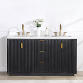  Cadiz 60'' W Freestanding Double Bathroom Vanity in Fir Wood Black with Lighting White Composite Top and Sinks, 60'' W x 22'' D x 34'' H