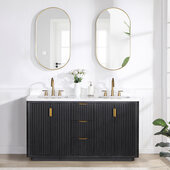  Cadiz 60'' W Freestanding Double Bathroom Vanity Set in Fir Wood Black with Lighting White Composite Top, Sinks, and Mirrors