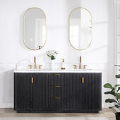  Cadiz 72'' W Freestanding Double Bathroom Vanity Set in Fir Wood Black with Lighting White Composite Top, Sinks, and Mirrors