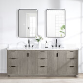  Cadiz 84'' W Freestanding Double Bathroom Vanity Set in Fir Wood Grey with Lighting White Composite Top, Sinks, and Mirrors