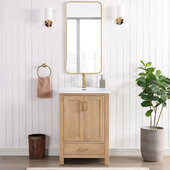  Gela 24'' W Freestanding Single Sink Bathroom Vanity Set in Fir Wood Brown with Drop-In White Ceramic Basin and Mirror