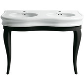  China Series 46''W double bowl basin china console with oval bowls, overflow and black wooden leg supports, White/Black Finish